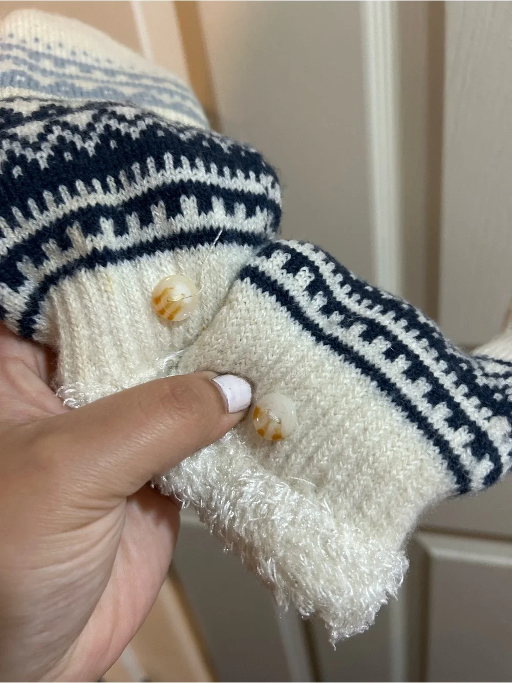 Cozy Fair Isle Knit Mittens in Cream, Navy & Light Blue